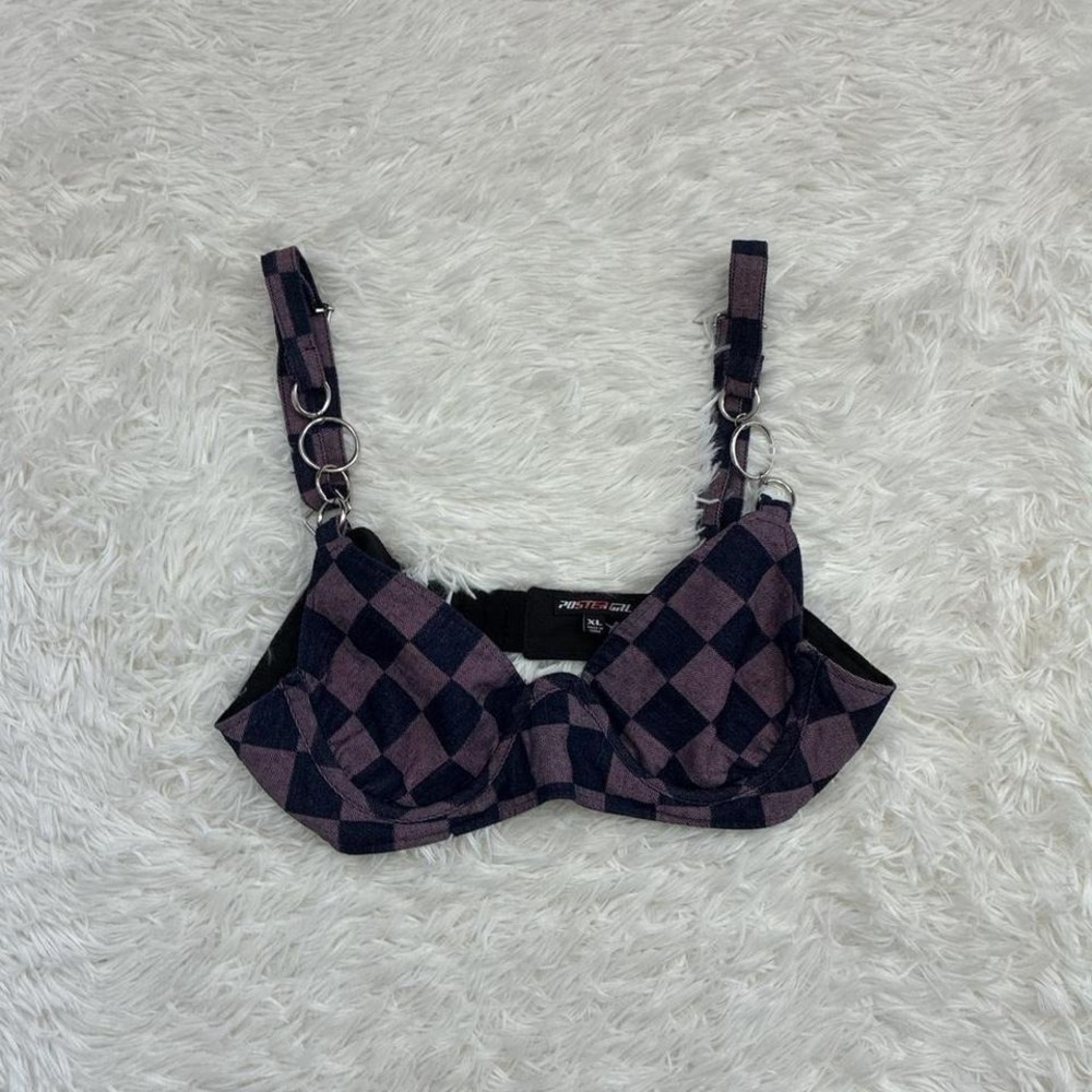 Grunge Alt Indie Festival Purple & black plaid bralette with adjustable straps
